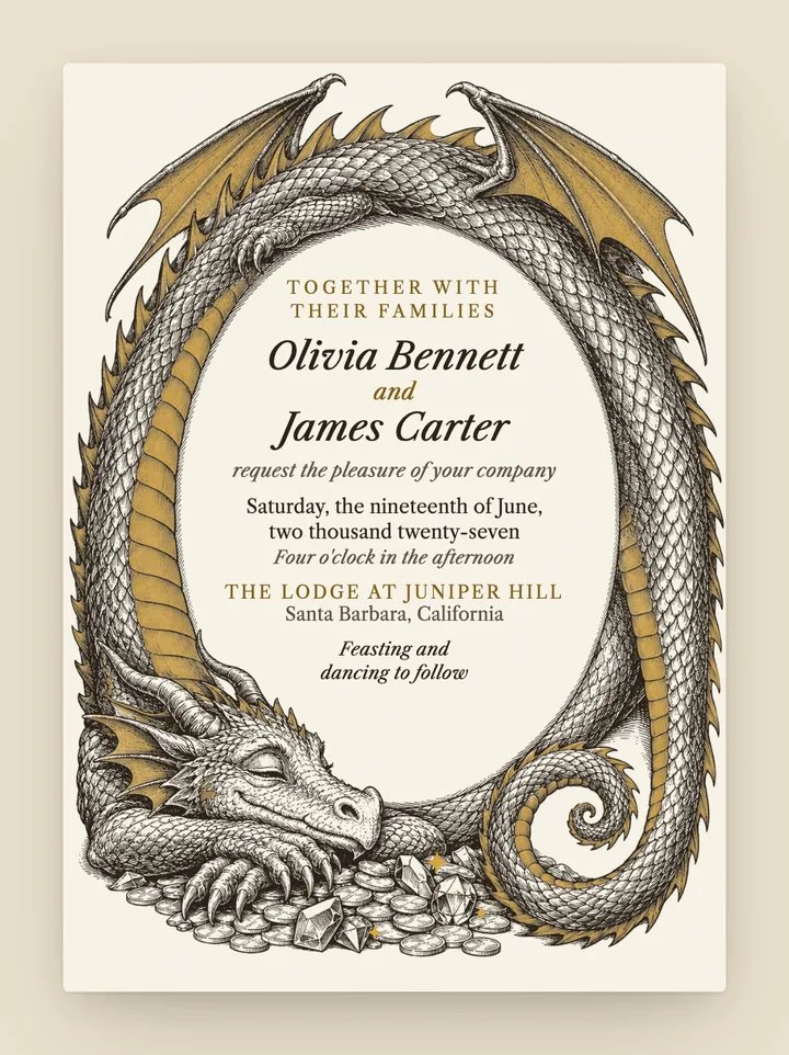 Dragon digital wedding invitation in Ivory & Gold