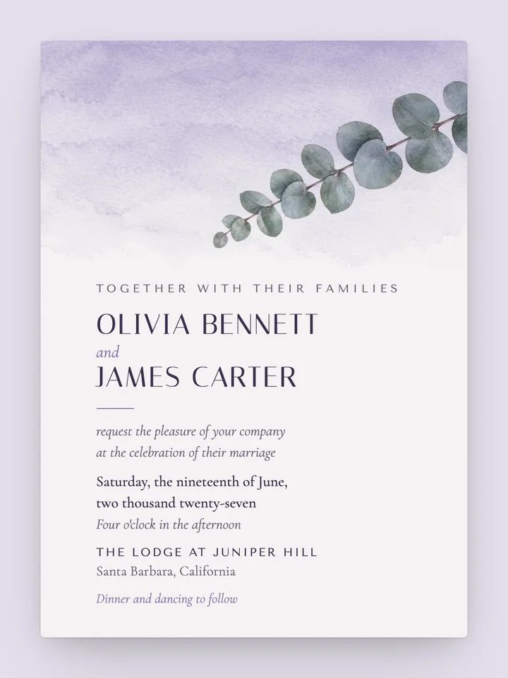 Dusk digital wedding invitation in Lavender