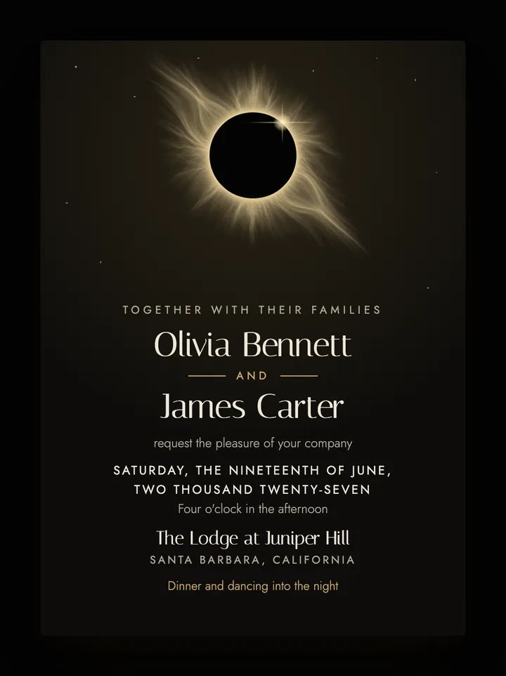 Eclipse digital wedding invitation in Black & Gold