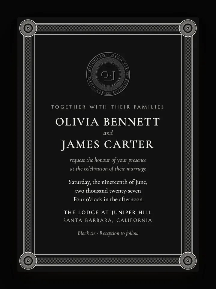 Embassy digital wedding invitation in Black & White