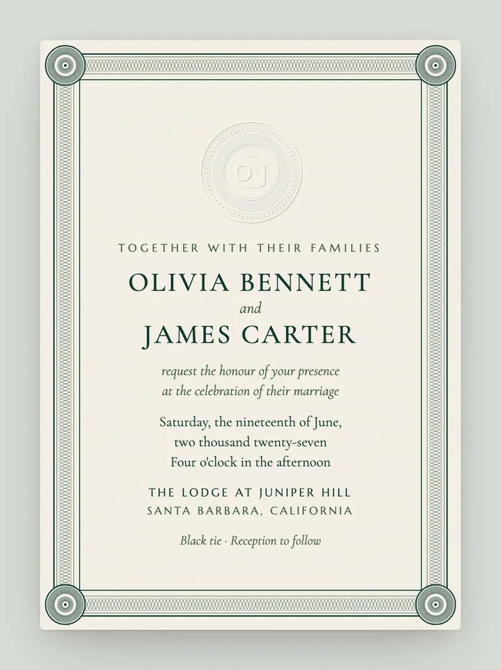 Embassy digital wedding invitation in Emerald