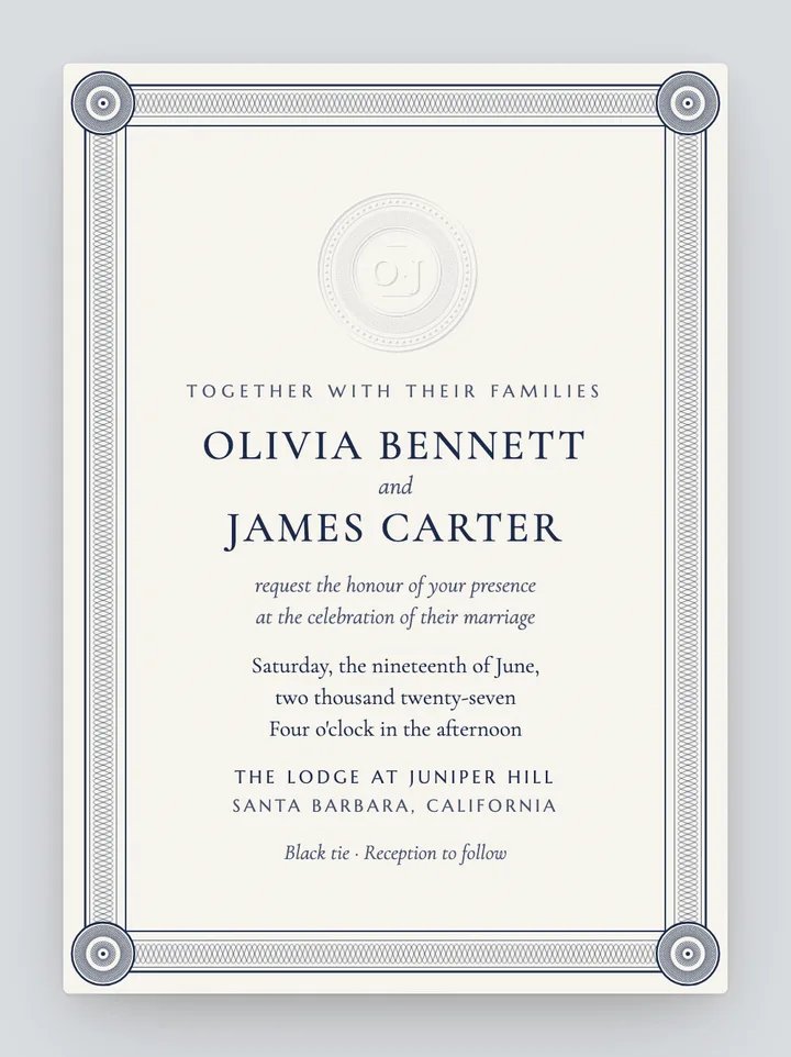 Embassy digital wedding invitation in Navy