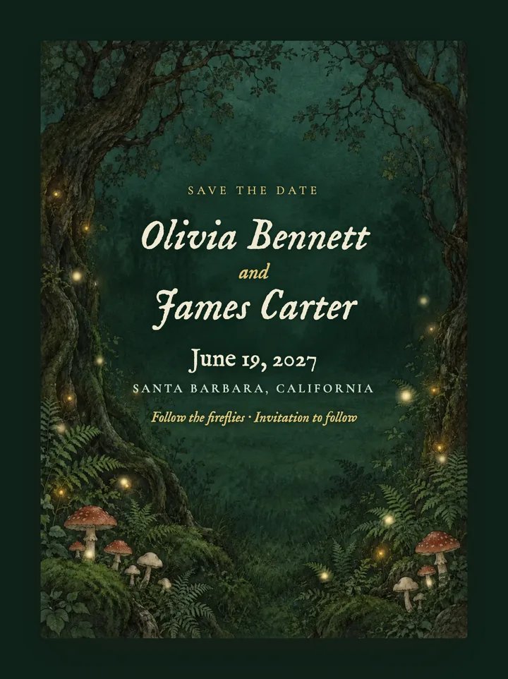 Enchanted digital save the date in Emerald