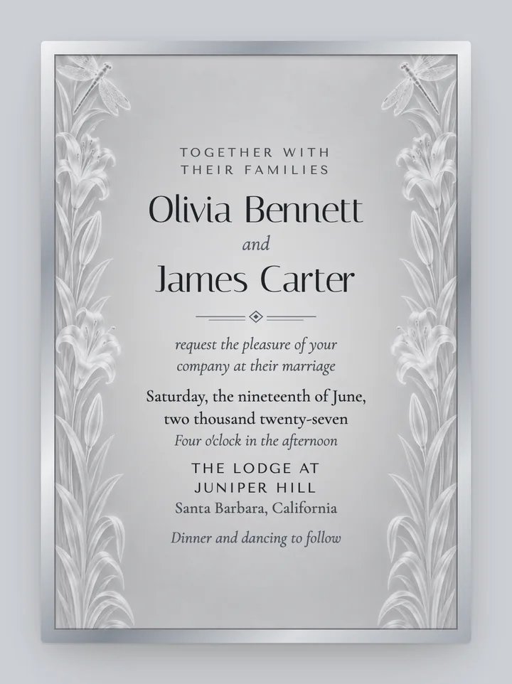 Etched digital wedding invitation in Silver