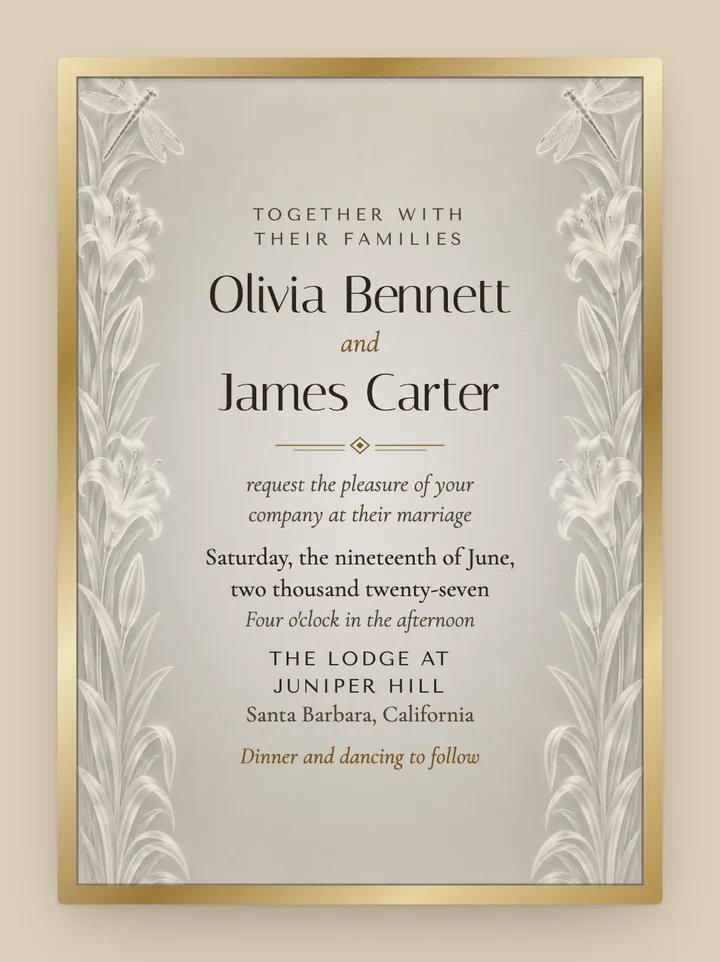 Etched digital wedding invitation in Champagne & Gold