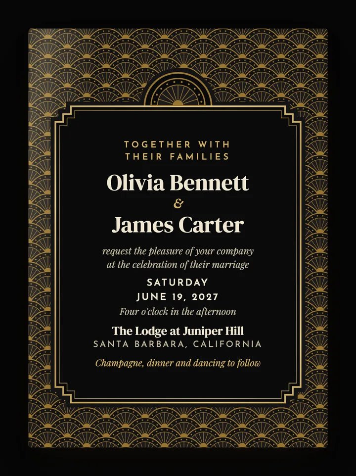 Fanfare digital wedding invitation in Black & Gold