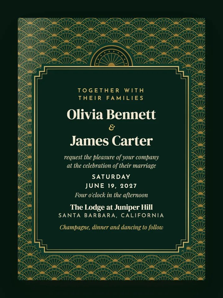 Fanfare digital wedding invitation in Emerald & Gold