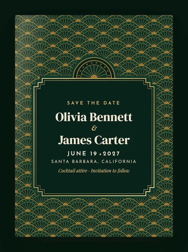 Fanfare digital save the date in Emerald & Gold