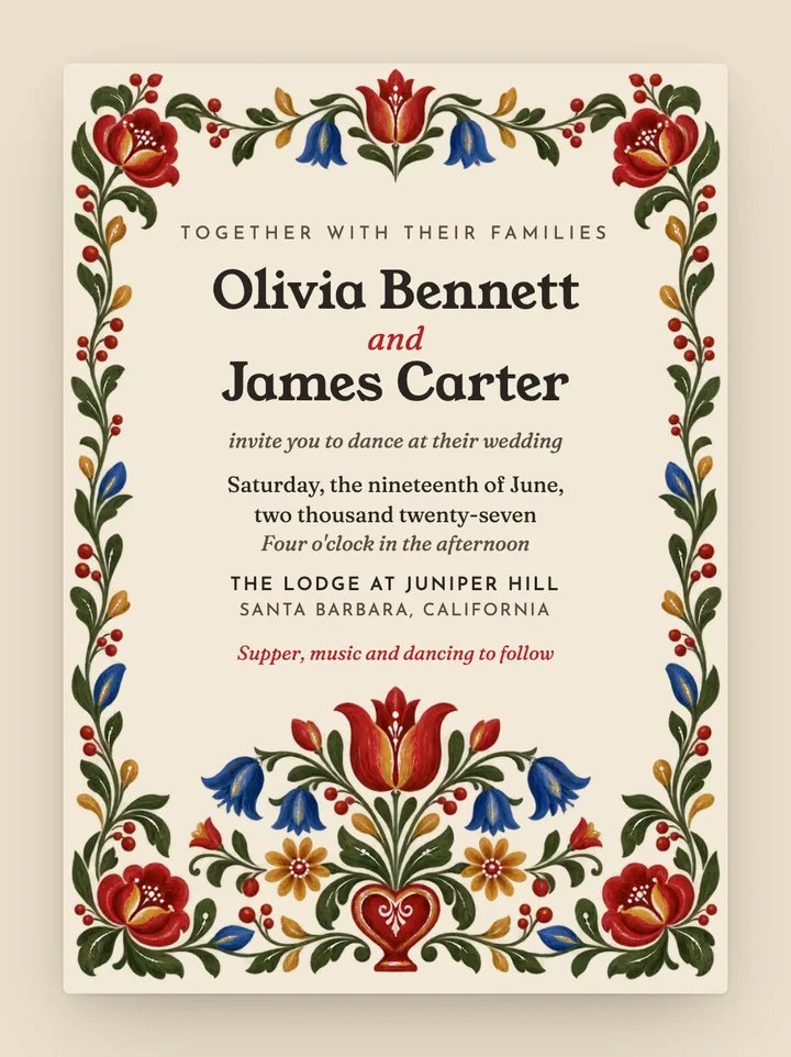 Folklore digital wedding invitation in Cream & Red