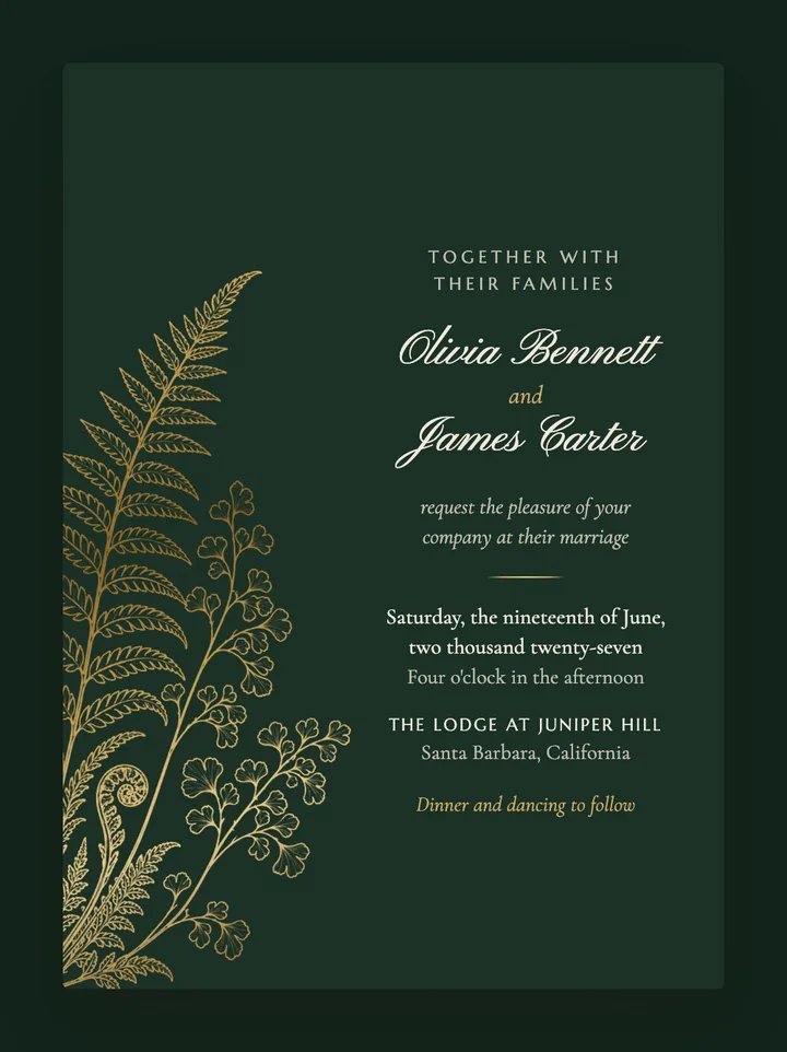 Gilded Fern digital wedding invitation in Forest Green
