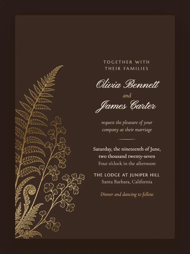 Gilded Fern digital wedding invitation in Mocha