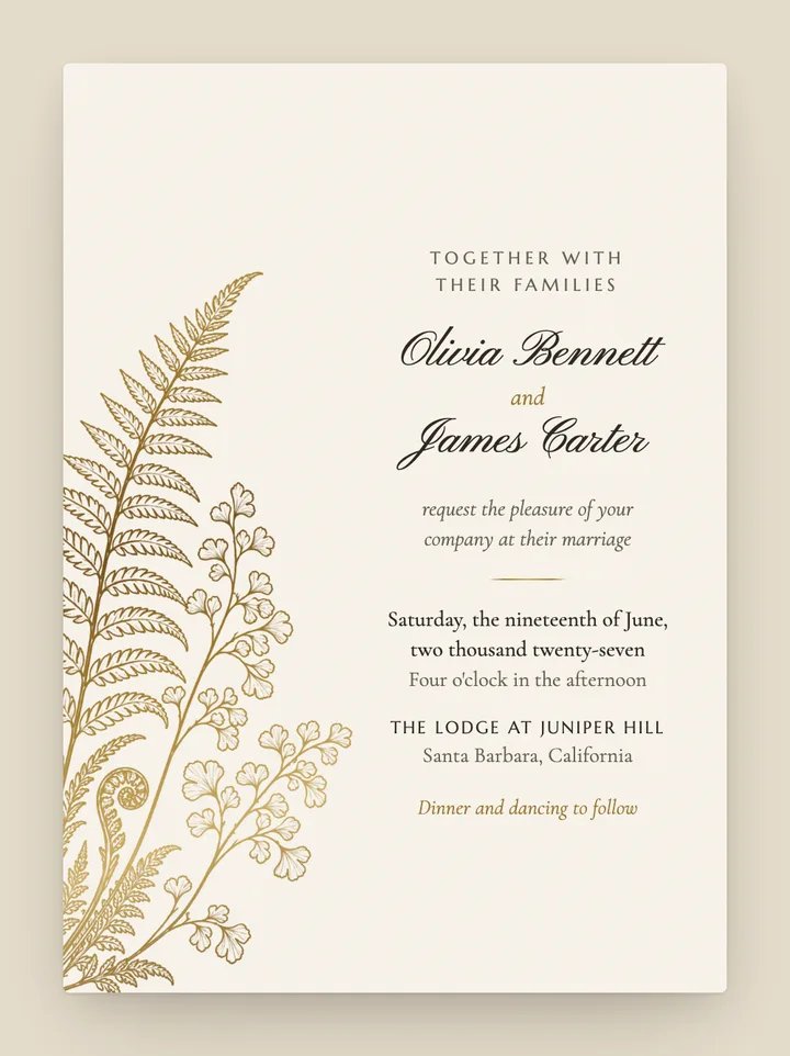 Gilded Fern digital wedding invitation in Ivory & Gold