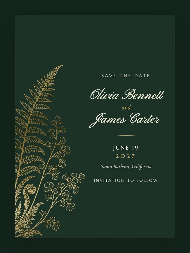 Gilded Fern digital save the date in Forest Green