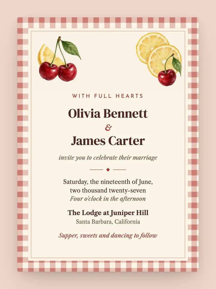 Gingham digital wedding invitation in Cherry