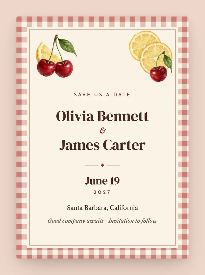 Gingham digital save the date in Cherry