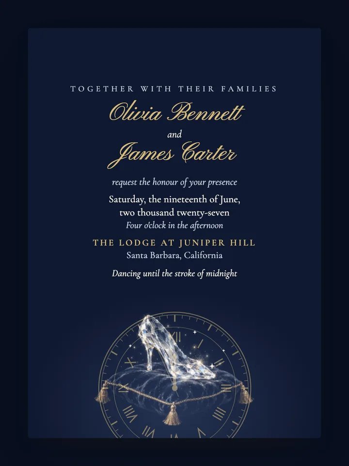 Glass Slipper digital wedding invitation in Midnight & Gold