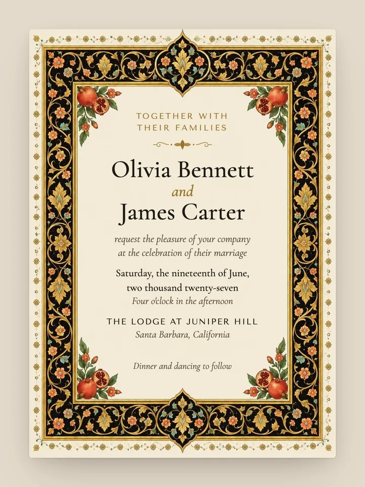 Golestan digital wedding invitation in Black & Gold