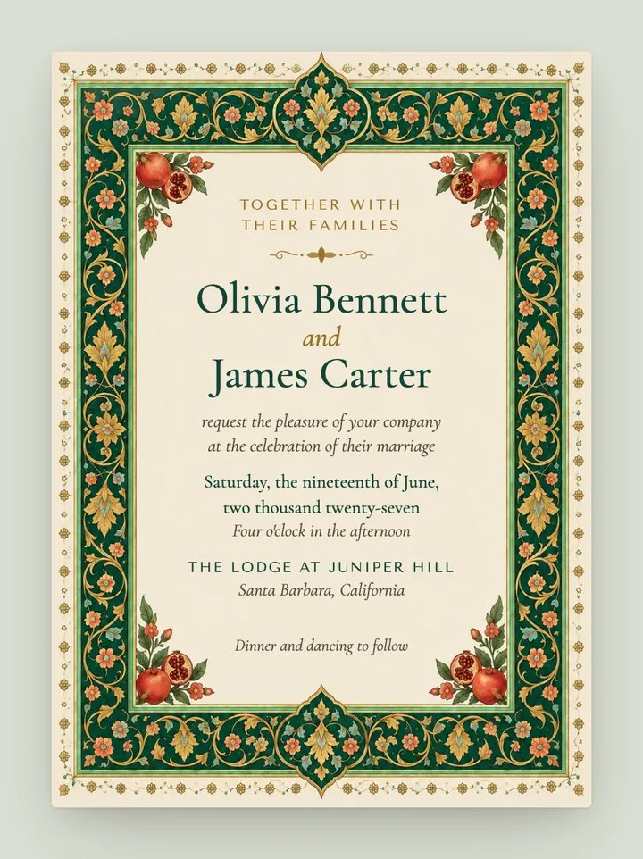 Golestan digital wedding invitation in Emerald & Gold