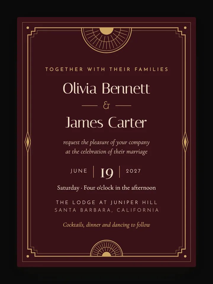 Halcyon digital wedding invitation in Oxblood