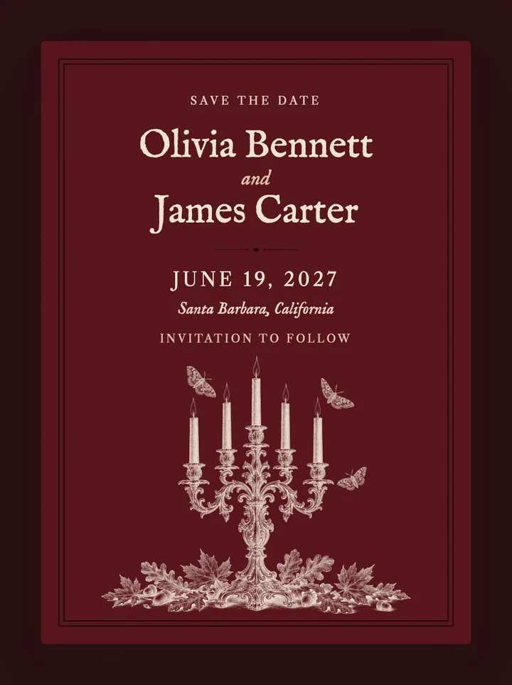 Hallows digital save the date in Oxblood