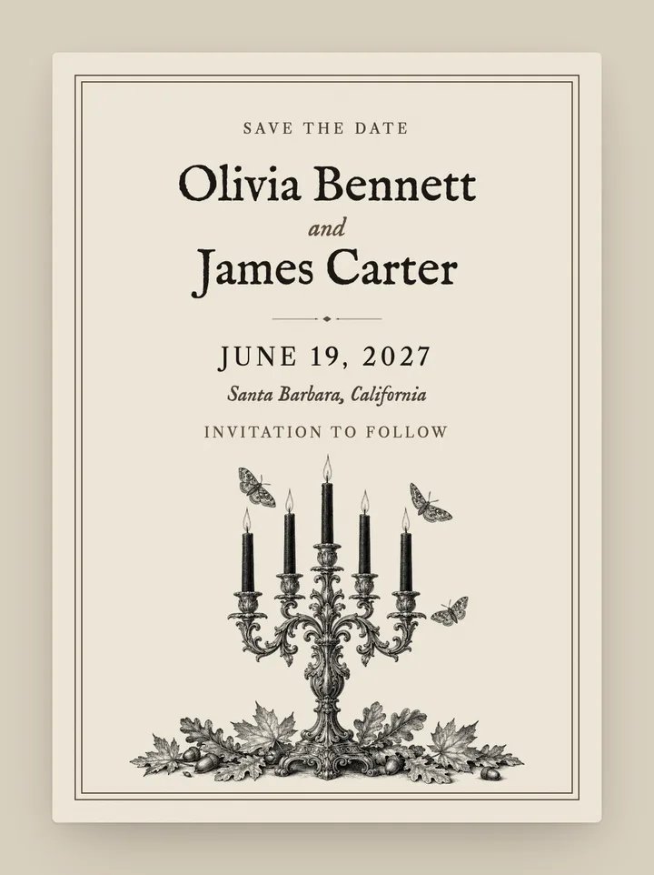 Hallows digital save the date in Bone & Ink