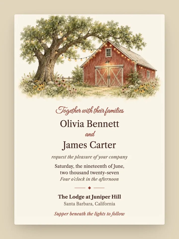 Hayloft digital wedding invitation in Barn Red