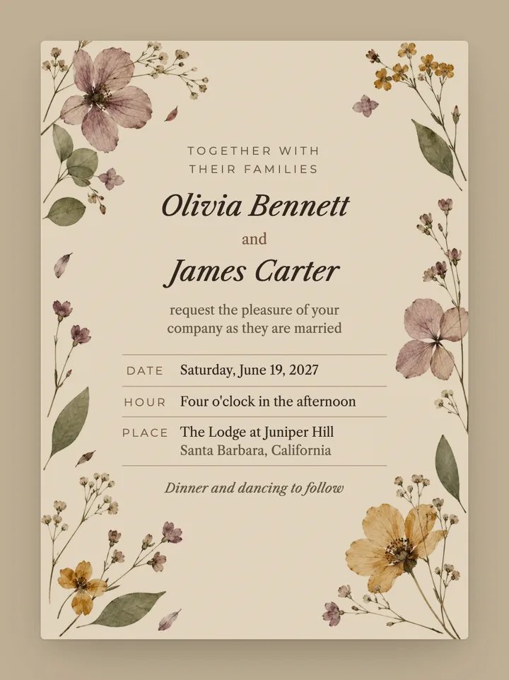 Herbarium digital wedding invitation in Kraft