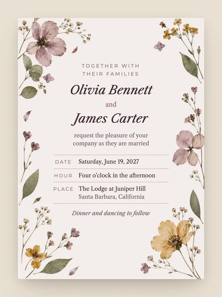 Herbarium digital wedding invitation in Mauve