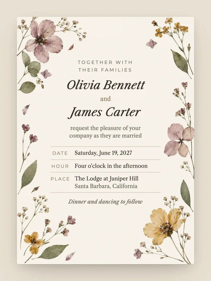 Herbarium digital wedding invitation in Parchment