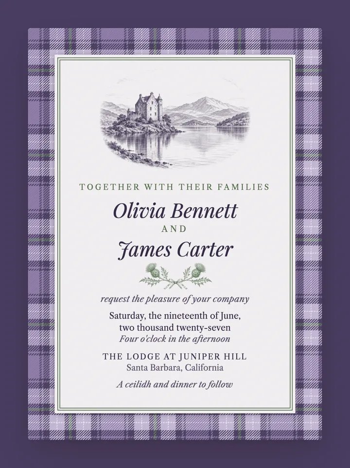 Highlands digital wedding invitation in Lavender