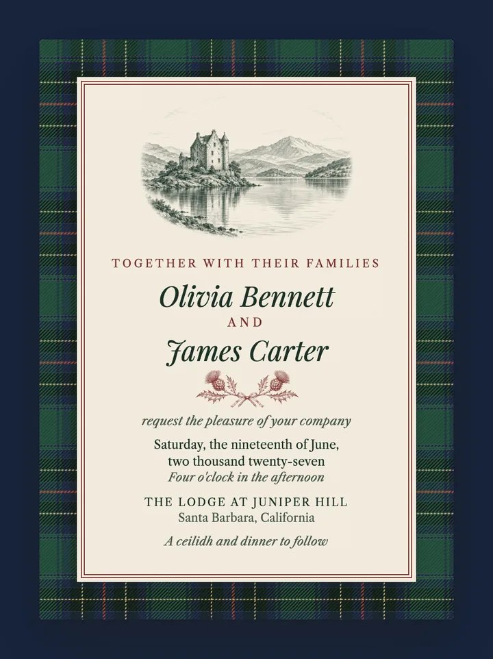 Highlands digital wedding invitation in Emerald