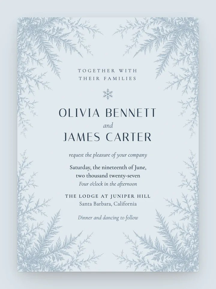 Hoarfrost digital wedding invitation in Icy Blue