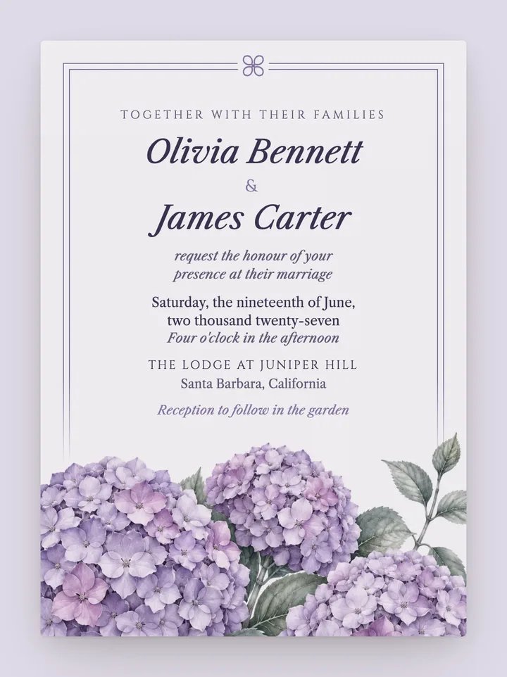 Hydrangea digital wedding invitation in Lavender
