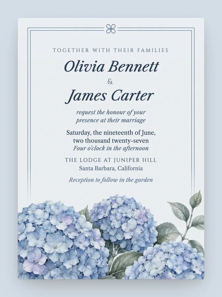 Hydrangea digital wedding invitation in Dusty Blue