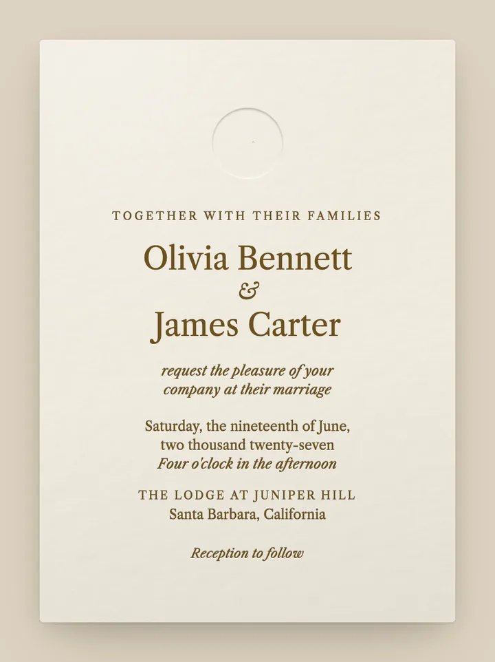 Impression digital wedding invitation in Ivory & Gold
