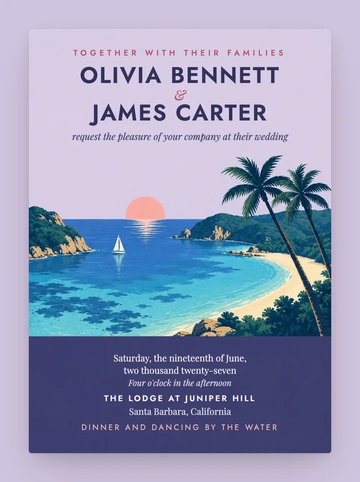Island digital wedding invitation in Lavender Dusk