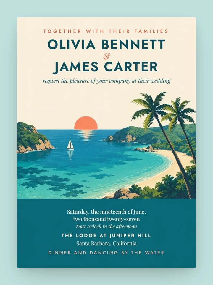 Island digital wedding invitation in Turquoise