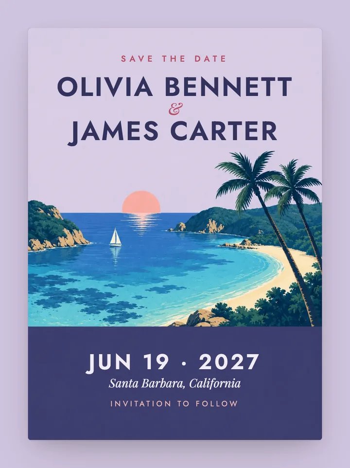 Island digital save the date in Lavender Dusk