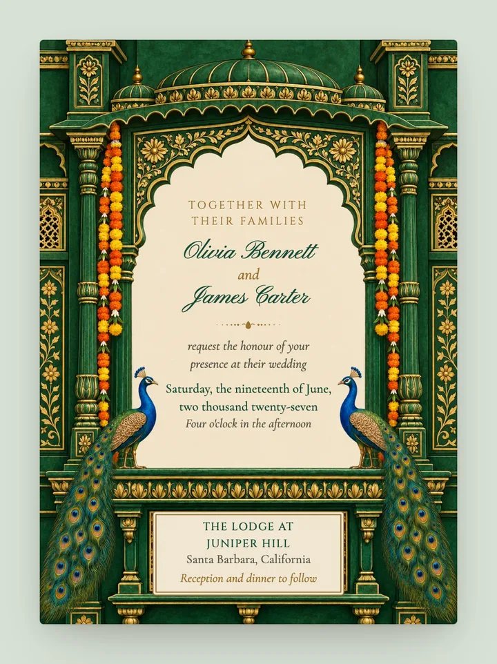 Jharokha digital wedding invitation in Emerald