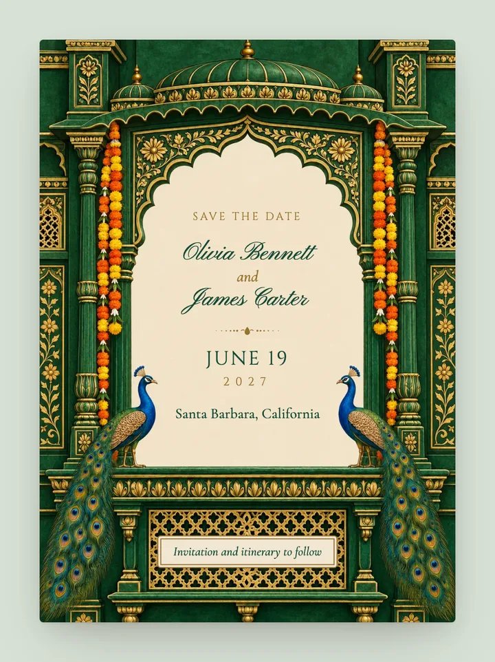 Jharokha digital save the date in Emerald