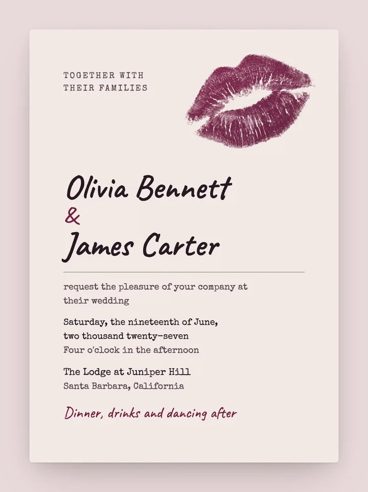 Sealed With a Kiss digital wedding invitation in Berry