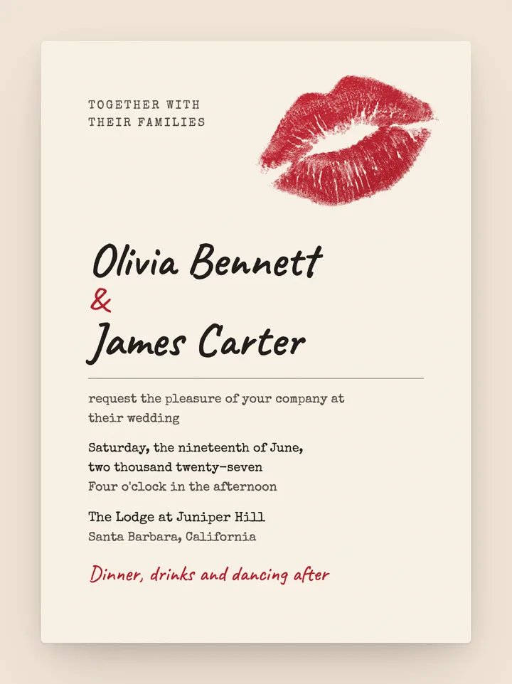 Sealed With a Kiss digital wedding invitation in Cherry Red