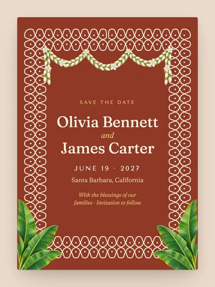 Kolam digital save the date in Red Oxide