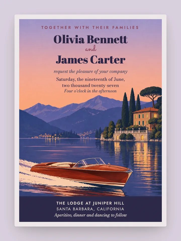 Lago digital wedding invitation in Lavender Dusk