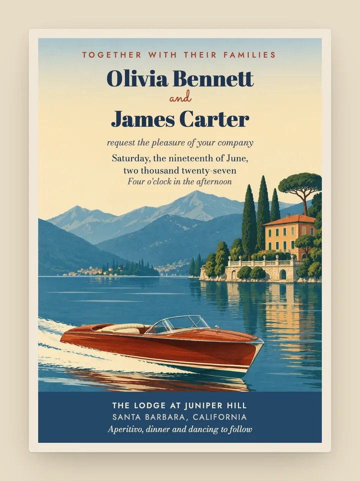 Lago digital wedding invitation in Champagne