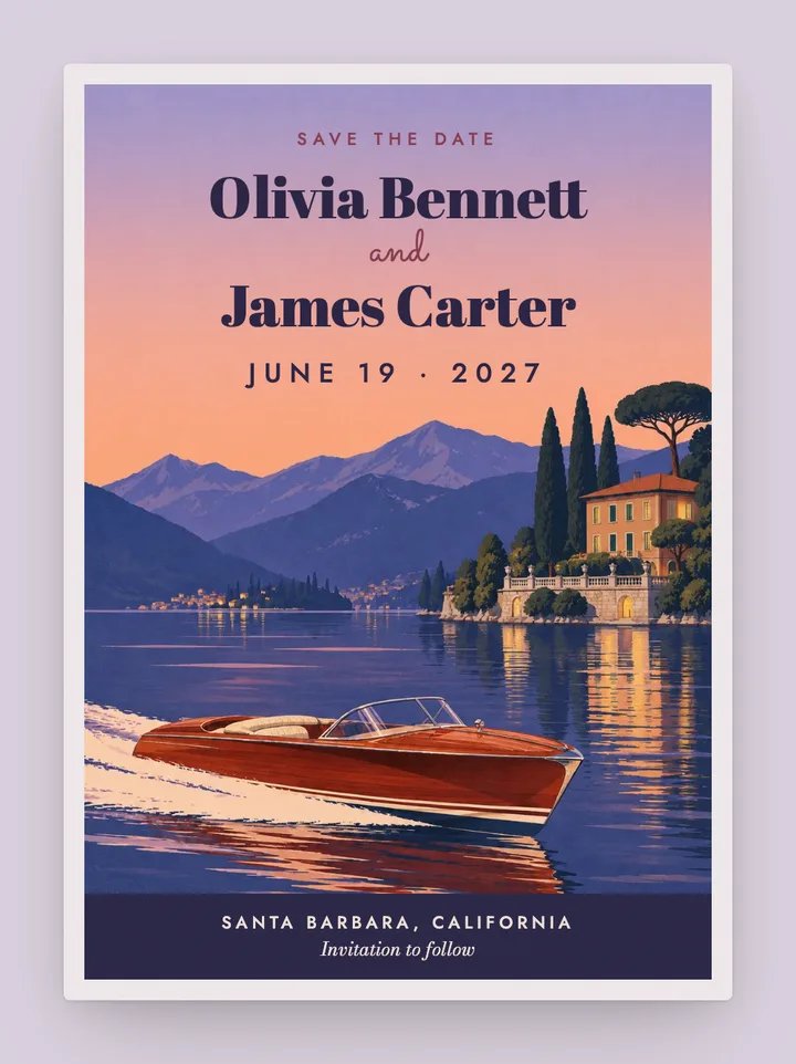 Lago digital save the date in Lavender Dusk