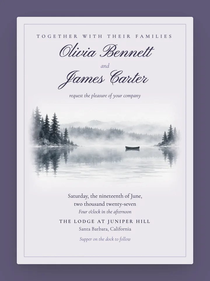 Lakehouse digital wedding invitation in Lavender