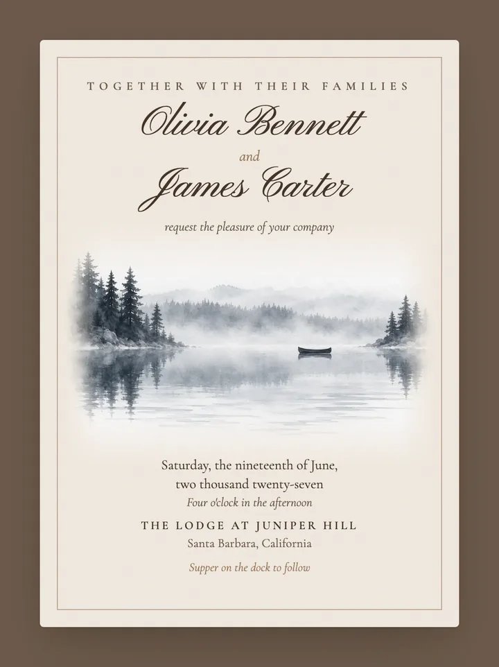 Lakehouse digital wedding invitation in Mocha