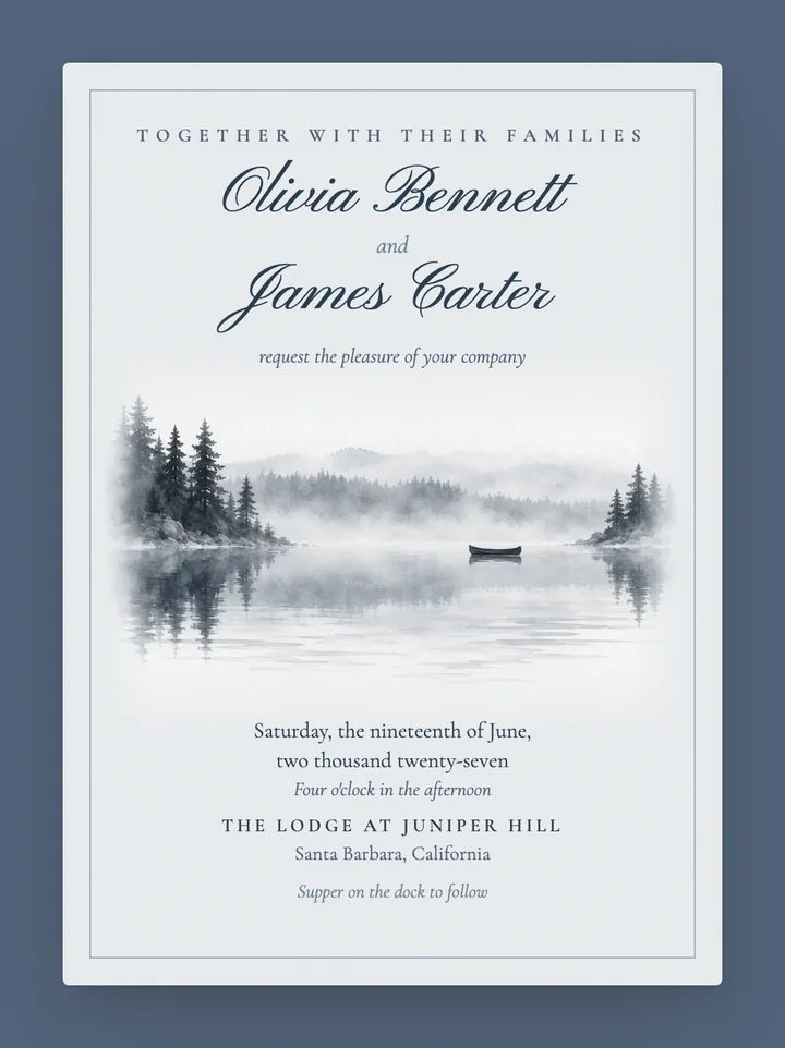 Lakehouse digital wedding invitation in Dusty Blue