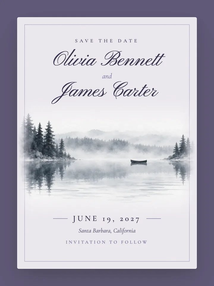 Lakehouse digital save the date in Lavender